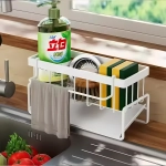 kitchen sink organizer, sponge and dish cloth holder, brush and soap draining rack, kitchen counter organizer, stainless steel sink organizer, compact kitchen organizer, space-saving sink caddy, durable kitchen sink rack, stylish sink tray, easy-to-clean sink organizer